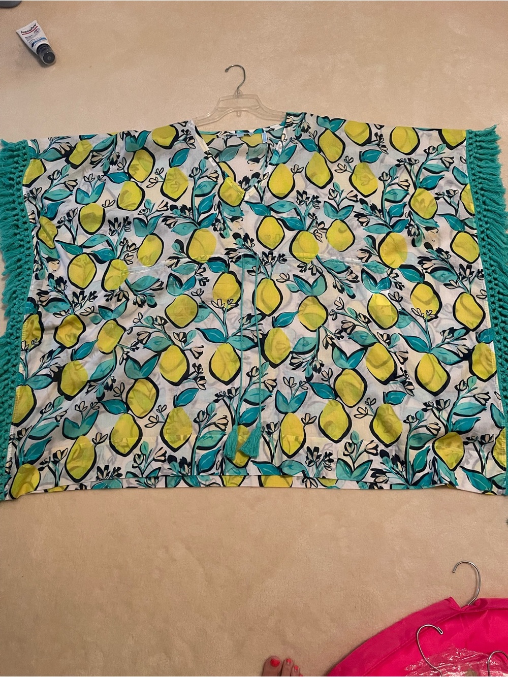 Lemon Print Cotton pool coverup with Teal Fringe